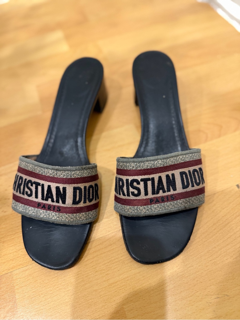 Dior Black Slide Sandals with Beige and Burgundy Logo Strap